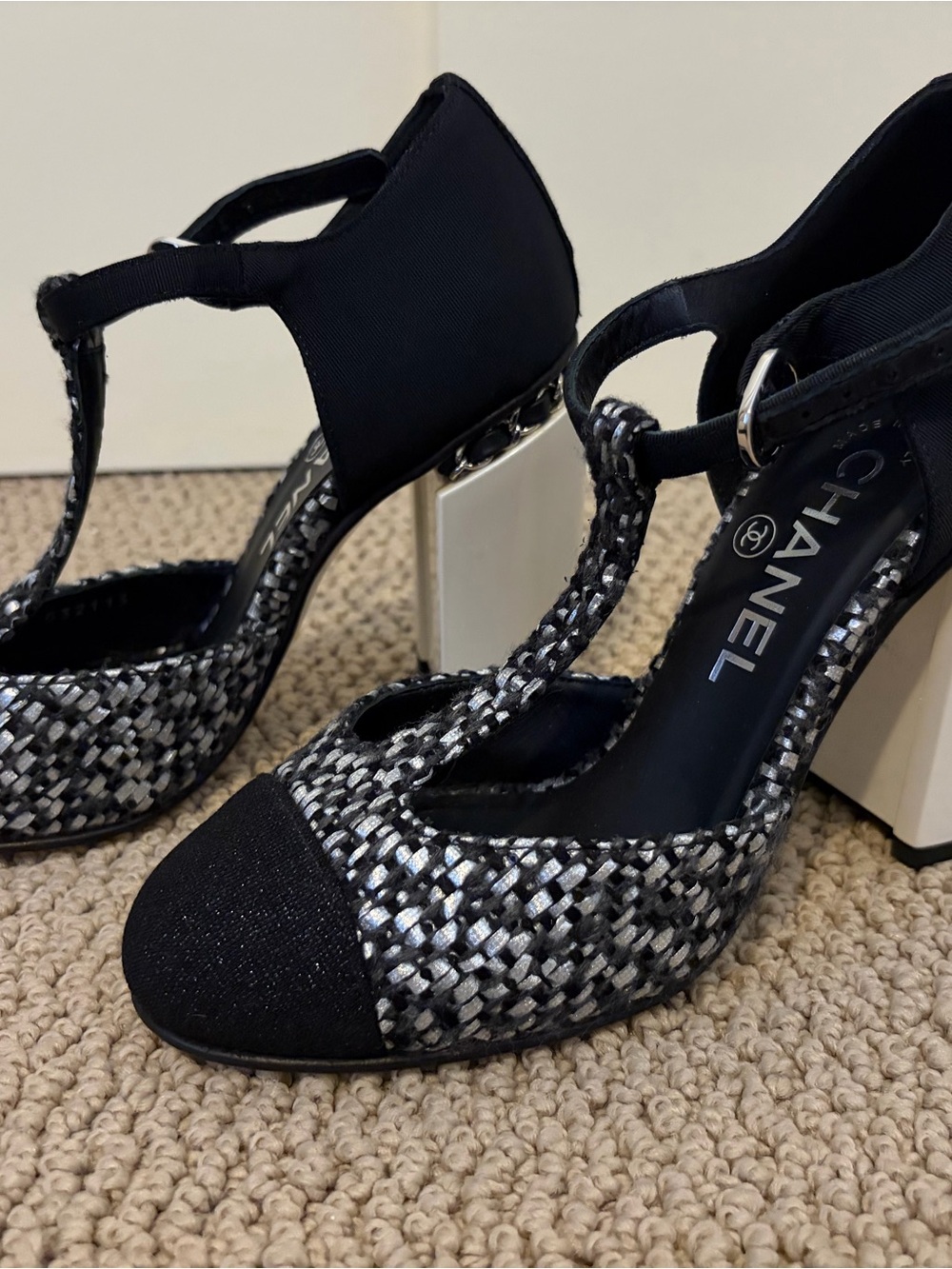 CHANEL Black & Silver Tweed T-Strap Block Heels